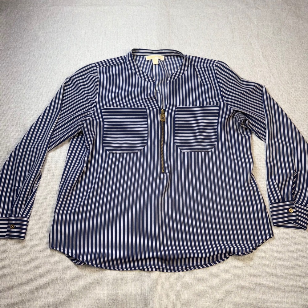 Michael Kors Womens XL Navy Blue White Striped Zip Front Long Sleeve Blouse Top